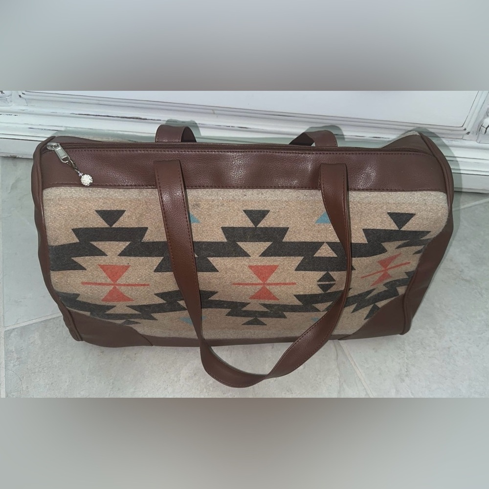 Leather and wool Navajo Aztec Travel Overnight bag 19x10x8
